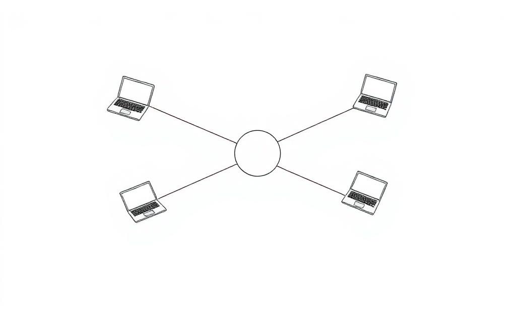 Line drawing of computers connected to a central hub